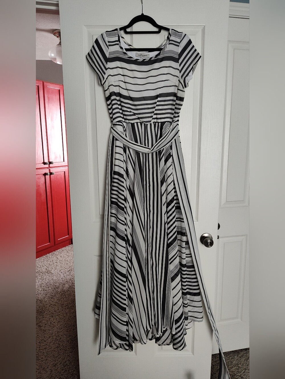 Shabby Apple Black and White Striped Maxi Dress with Waist Tie
